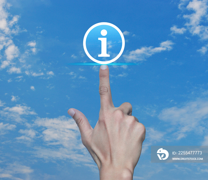 Hand pressing information sign flat icon over blue sky with white clouds, Business customer service and support concept