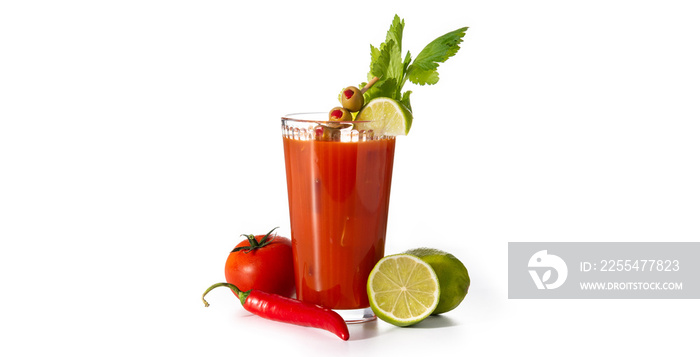 Bloody Mary cocktail in glass and ingredients isolated on white background