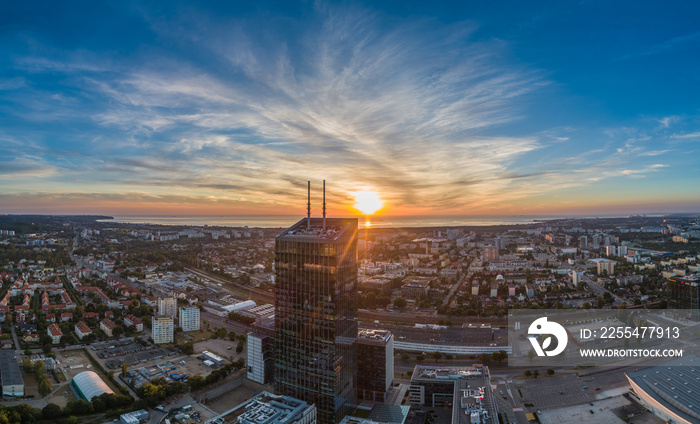 Oliwa Business Centre panorama at the sunrise aerial view
