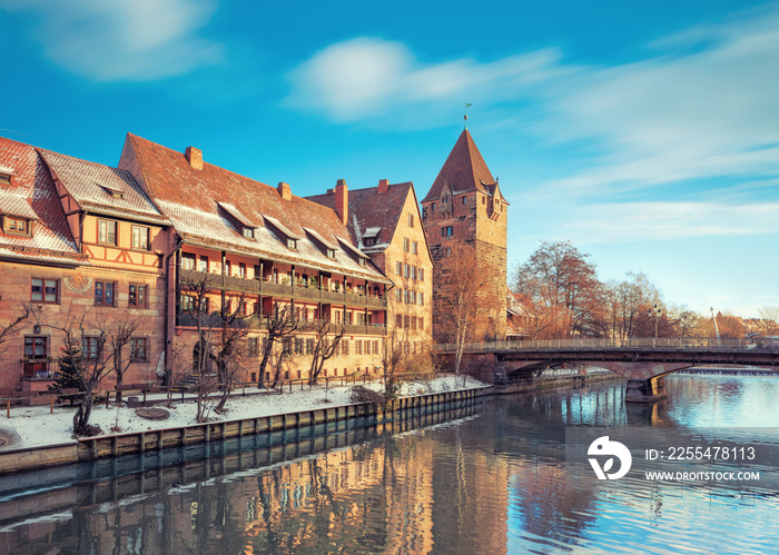 Winter landscape of Pegnitz river in Nuremberg, Bavaria, Germany