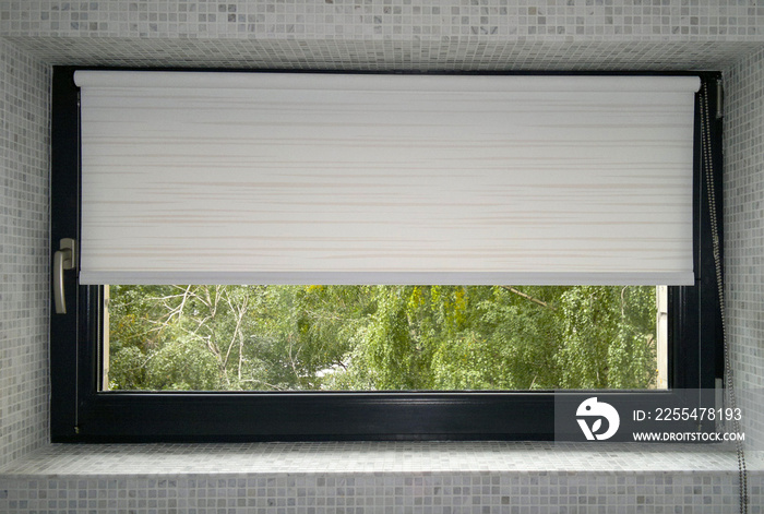 Roller blinds close up on the window in the bathroom. Trees in the background. Roller shades blackout fabric, water proof in the toilet.