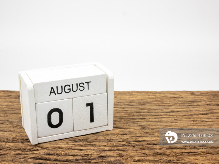 August 1 white cube wooden calendar on vintage wood and white background with summer day, Copyspace for text