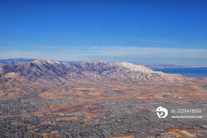 Rocky Mountains, Oquirrh range aerial views, Wasatch Front Rock from airplane. South Jordan, West Valley, Magna and Herriman, by the Great Salt Lake Utah. United States of America. USA.