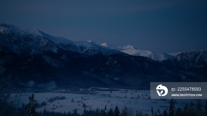 FIXED Establishing shot, view of beautiful Tatra mountain range on a Poland and Slovakia border before sunrise