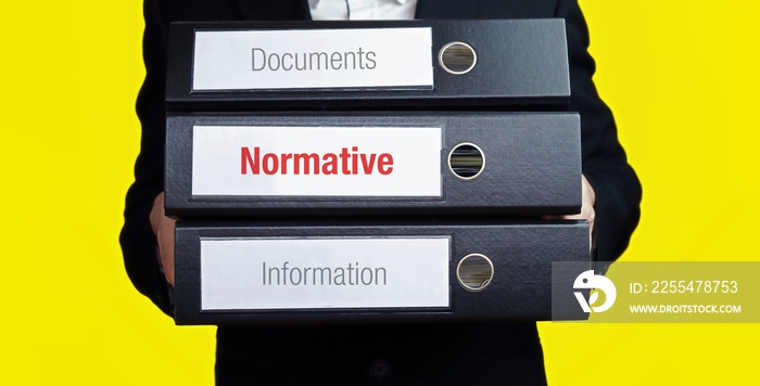 Normative – finance/economics. Man carries a stack of 3 file folders. A folder has the label Normative. Business, statistics concept