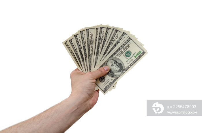 Man’s hand holds american dollars money. Finance, earnings, crediting