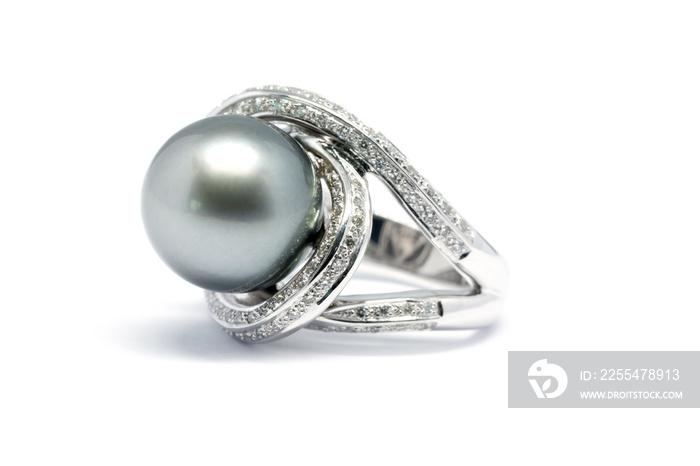 dark pearl with diamond and gold platinum ring isolated