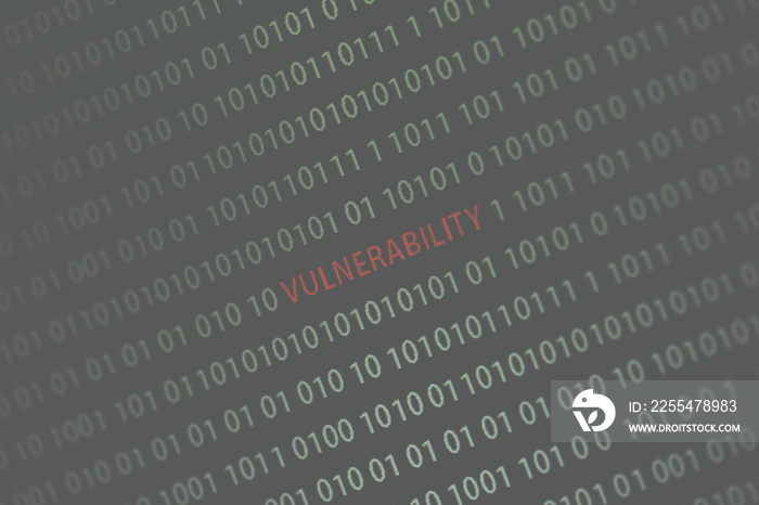 ’Vulnerability’ word in the middle of the computer screen surrounded by numbers zero and one. Image is taken in a small angle. Image has a vintage effect applied.