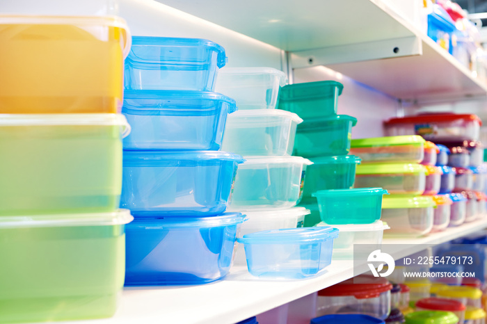 Plastic kitchen food containers in store