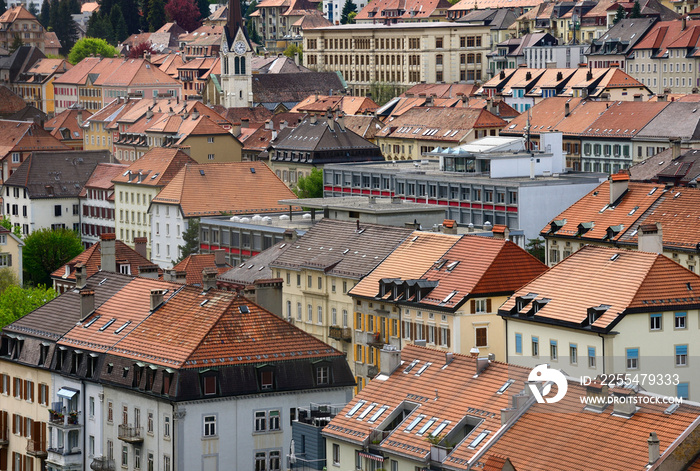 Aerial view of La Chaux-de-Fonds city, UNESCO World Heritage, centre of the watch making industry in the area known as Watch Valley, famous also for its urban concept, Neuchâtel, Switzerland