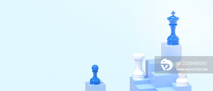 Leadership success. King Chess piece Game and Chess piece pawn with Business Concept on Blue background, Paper art ,design banner, copy space, digital, banner- 3d rendering