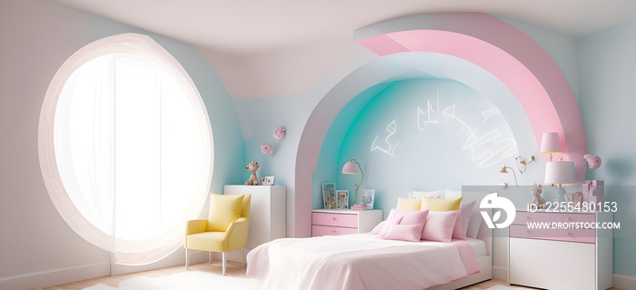 Photo of a cozy and colorful pastel-themed bedroom for a child