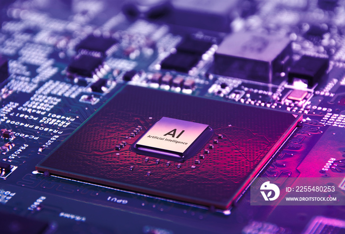 AI artificial intelligence concept, Close up of microprocessor on mainboard electronic computer background, Futuristic innovative technologies.