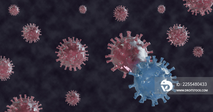 Virus and mutations process 3d illustartion. New virus mutation of coronavirus, hantavirus, COVID-19, pandemic concept background for health, medical design. Coronavirus mutation 3d rendering.