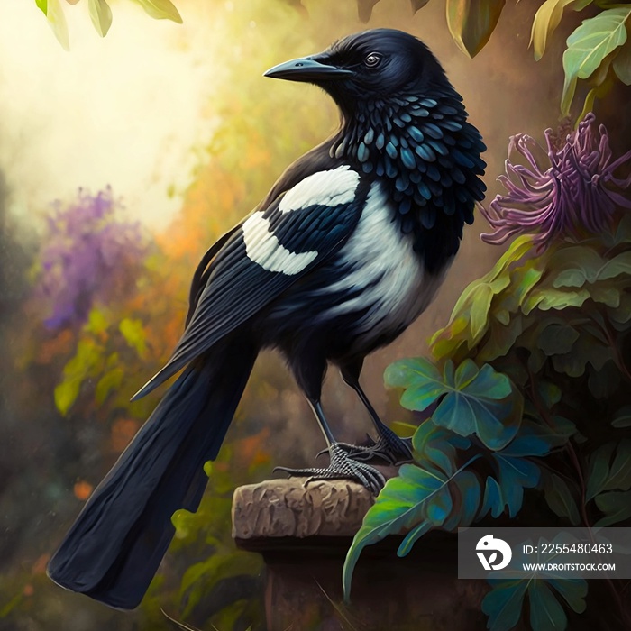 Cute magpie bird in flower garden