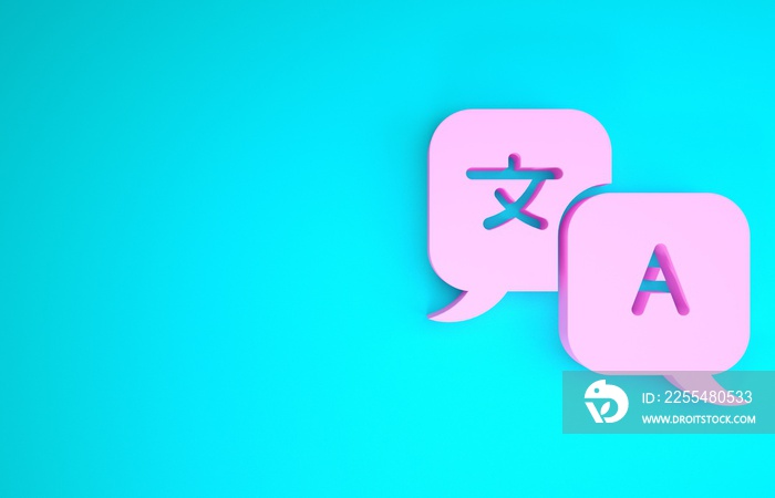 Pink Translator icon isolated on blue background. Foreign language conversation icons in chat speech bubble. Translating concept. Minimalism concept. 3d illustration 3D render