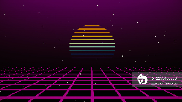 Retro cyberpunk style 80s game scene pixel art 8-bit sci-fi background. Futuristic with laser grid landscape. Digital cyber surface style of the 1980`s. 3D illustration