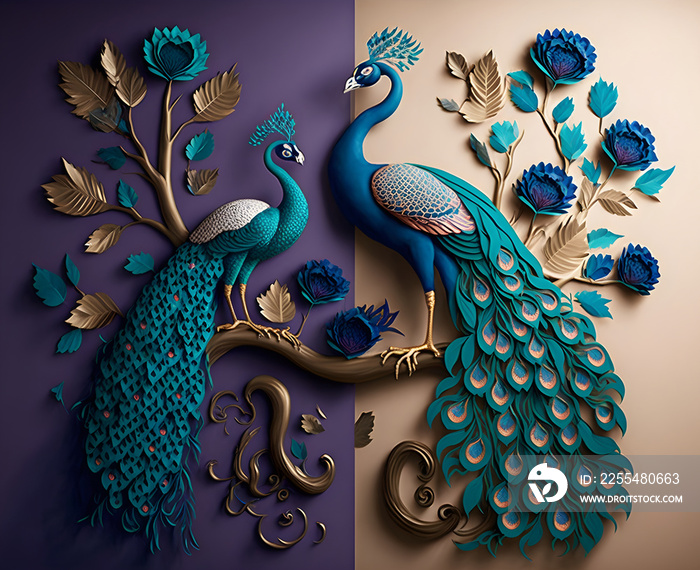 Colorful peacock wallpaper. Colorful 3d mural background for canvas wall art décor.