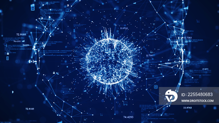 big data technology concept. The interconnected polygons form a prominent sphere in the center. with a binary code icon surrounded on a dark blue background. data processing analysis.