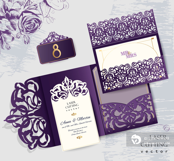 Set Wedding invitation envelope for laser cutting. Vector illustration.