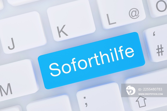 Soforthilfe. Computer Tastatur von oben zeigt Taste mit Wort hervorgehoben. Software, Internet, Programm