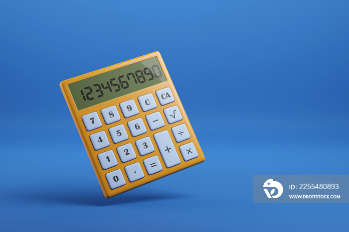 Calculator isolated on blue background with copy space. 3d illustration.