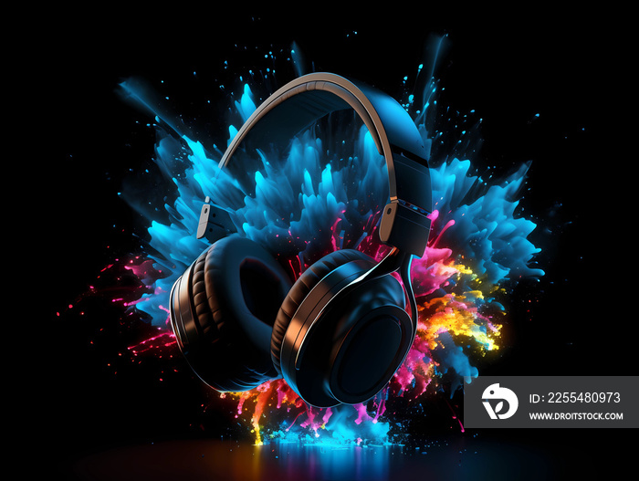 Neon glowing headphones electro house music cover album