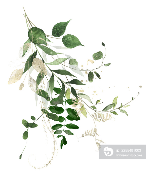 Watercolor painted greenery arrangement. Green wild plants, branches, leaves and twigs and golden lines, dust. Cut out hand drawn PNG illustration on transparent background. Isolated clipart.