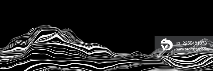 3D rendering. Black and white topographic mountain. Stripped terrain.