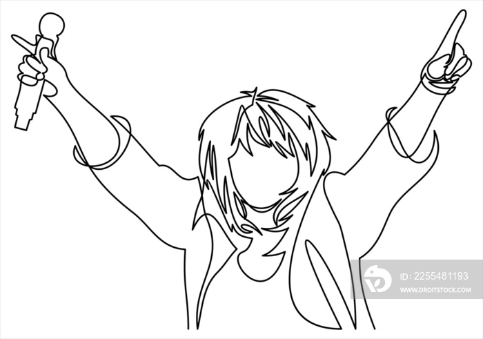 Rock band vocalist with singing to microphone with the hands raised up- continuous line drawing