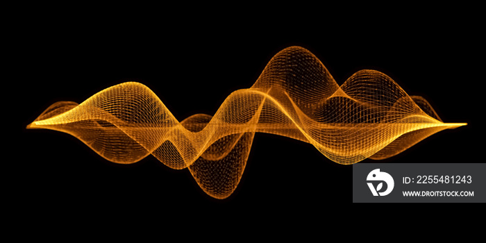 Illustration of abstract orange golden wireframe sound waves, visualization of frequency signals audio wavelengths, conceptual futuristic technology waveform background