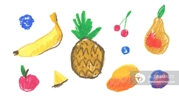 Set of illustrations with fruit drawn with wax crayons in children’s style.Pineapple,banana,blackberry,plum,pear,mango,apple hand drawn with colored pencils.Designs for postcards,social media,posters.