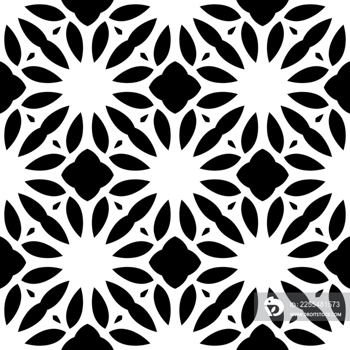 Black, white pattern, geometric wallpaper , seamless texture with flat floral ornament, decorative illustration with simple elemets