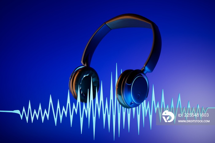 listening to music in headphones. headphones and a music track on a blue background. 3D render