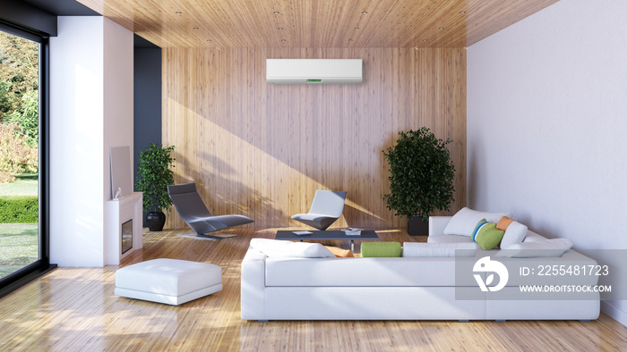 large luxury modern bright interiors with air conditioning illustration 3D rendering