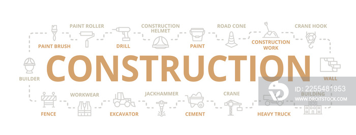 construction thin line banner for design concept. Illustration for presentations on white background