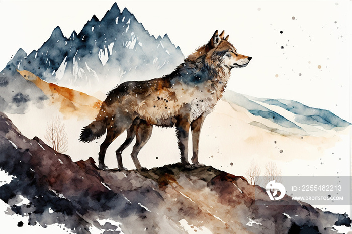 Digital watercolor painting of a wolf in the mountains. 4k Wallpaper, background