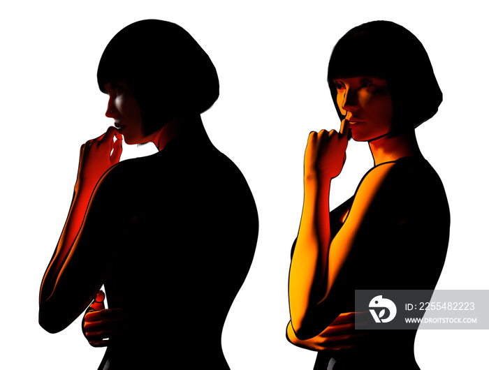 Png 3d render toon style illustration of lady in black dress portrait posing on white background in various angles.