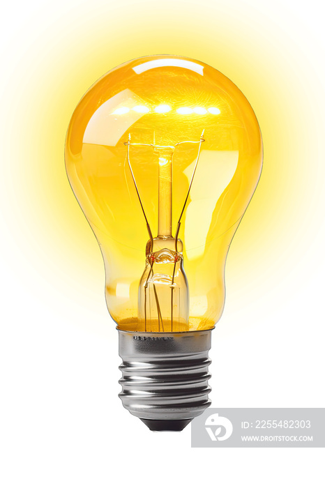 Glowing yellow light bulb isolated on transparent background.