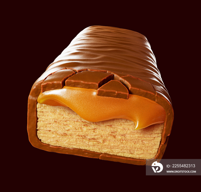 Delicious chocolate bar with caramel. 3d illustration. Isolated on background.