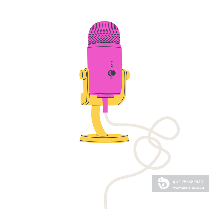 Trendy pink studio microphone for podcast recording. Illustration on a transparent background.