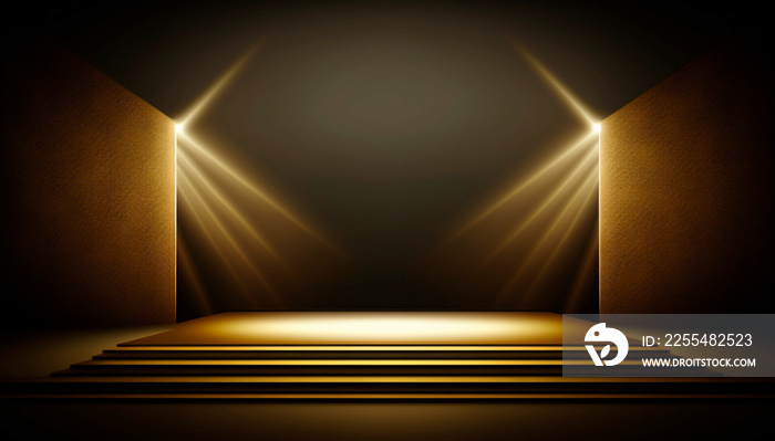 3d render. Empty stage with a gold podium for product presentation, luxury background with spotlights