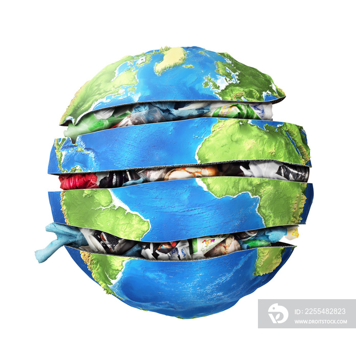 Global pollution concept. A planet full of trash isolated on a white background