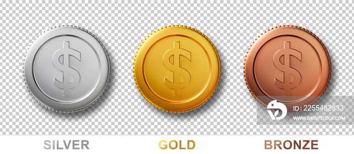 3d coins isolated on white background with clipping path. Set of realistic money dollar coin in silver, bronze, gold metal. 3d render idea for mock up, investment, on website. bank cash sign symbol.