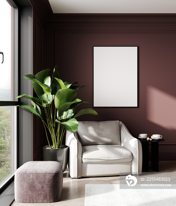 mock up poster frame in modern red interior background, living room, Scandinavian style, 3D render, 3D illustration