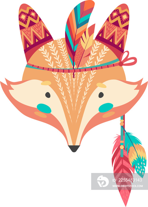 Fox animal face mask with tribal ornament isolated