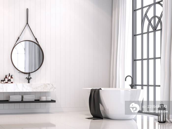 Modern white vintage bathroom 3d render, With white plank walls, white glossy floor and marble countertops, Rooms have large windows, Natural light shines inside.