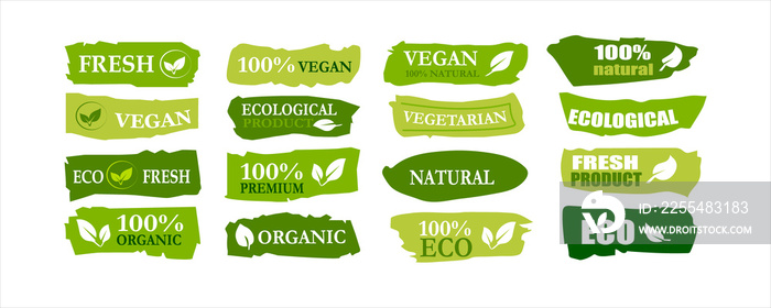 Organic food labels set. Fresh eco vegetarian products, healthy foods badges. Vegans diet sticker or ecological food product stamp. Vector isolated on white symbols. EPS 10