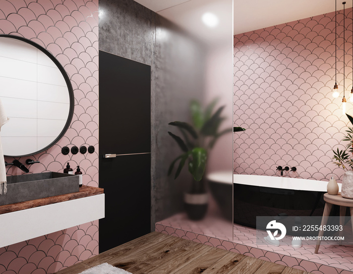 Interior of a modern bathroom with pink tiled walls, large mirror and grey washbasin. Classic style. 3d rendering