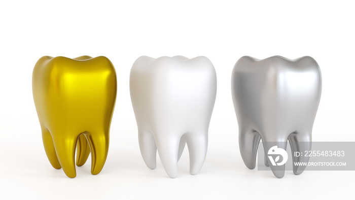 Tooth icon with gold tooth and amalgam fillings and crowns on teeth, dental care concept, 3D rendering.